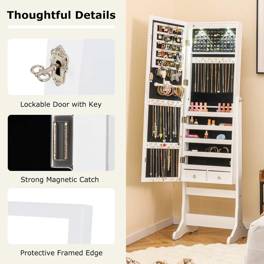 Lockable freestanding jewelry cabinet with full-length mirror, LED lights, and adjustable tilt for secure jewelry.