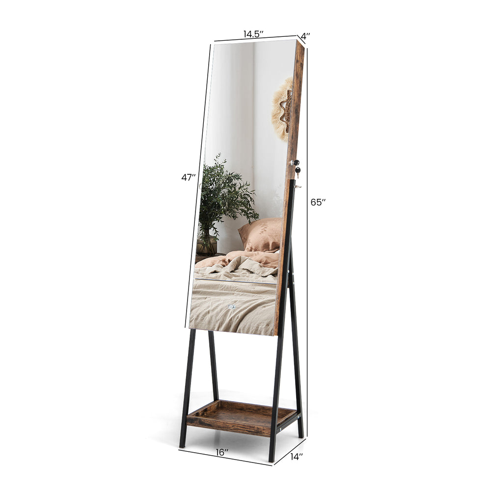 Freestanding jewelry organizer with full-length mirror, lockable design, and sturdy metal legs for home decor.