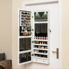 Lockable wall-mounted jewelry cabinet in white with LED lights, full-length mirror, and organized storage for.