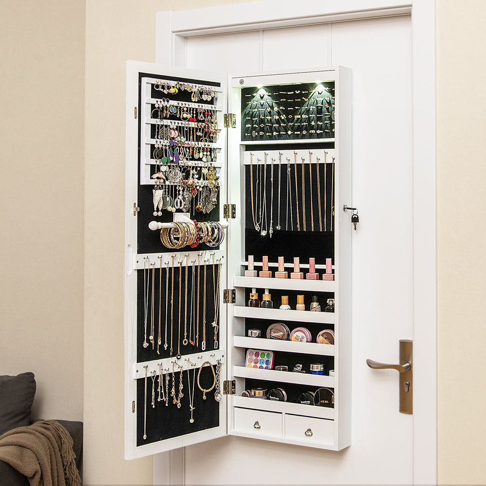 Lockable wall-mounted jewelry cabinet in white with LED lights, full-length mirror, and organized storage for.
