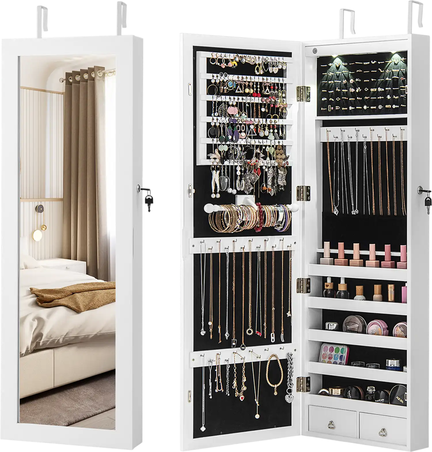 Costway Lockable Wall Mount Mirrored Jewelry Cabinet w/ LED Lights 08914573 New