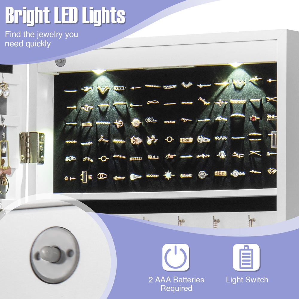 Lockable wall-mounted jewelry cabinet with LED lights, full-length mirror, and spacious storage for rings and necklaces.