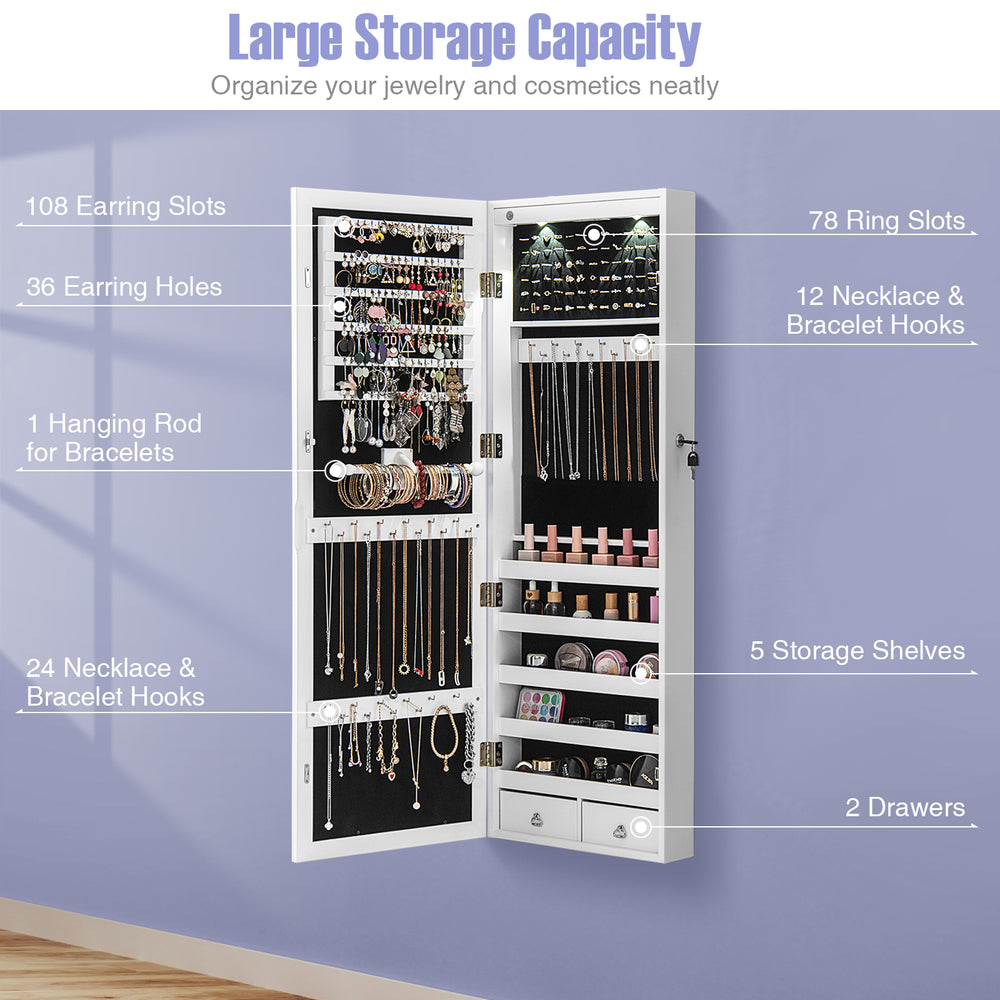Lockable wall-mounted jewelry cabinet in white with LED lights, featuring large storage capacity for rings, necklaces.