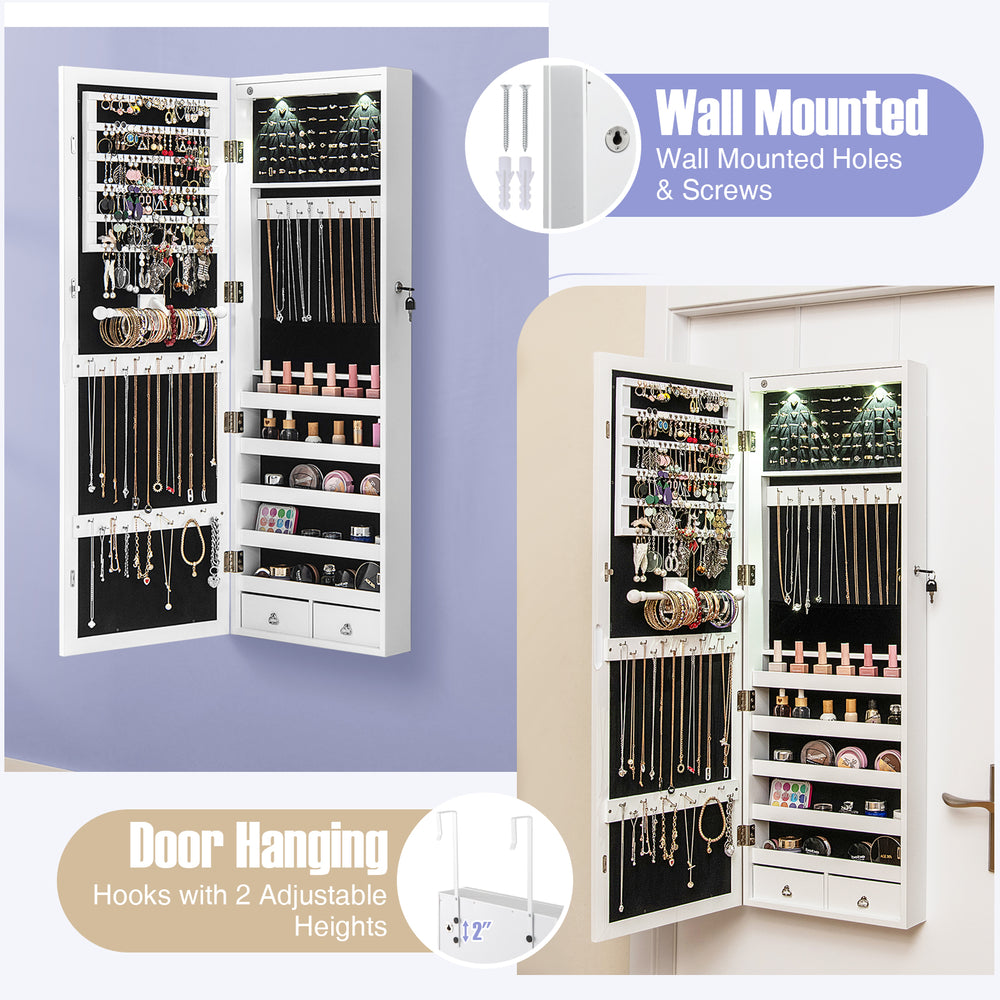 Lockable wall-mounted jewelry cabinet in white with LED lights, full-length mirror, and ample storage for accessories.