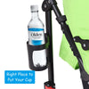 Cup holder attached to the green folding lightweight baby stroller, perfect for drinks or baby bottles on the go.