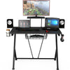 Multifunctional e-sport gaming desk with K-shaped design, cup holder, headset hook, and ergonomic curved front for.