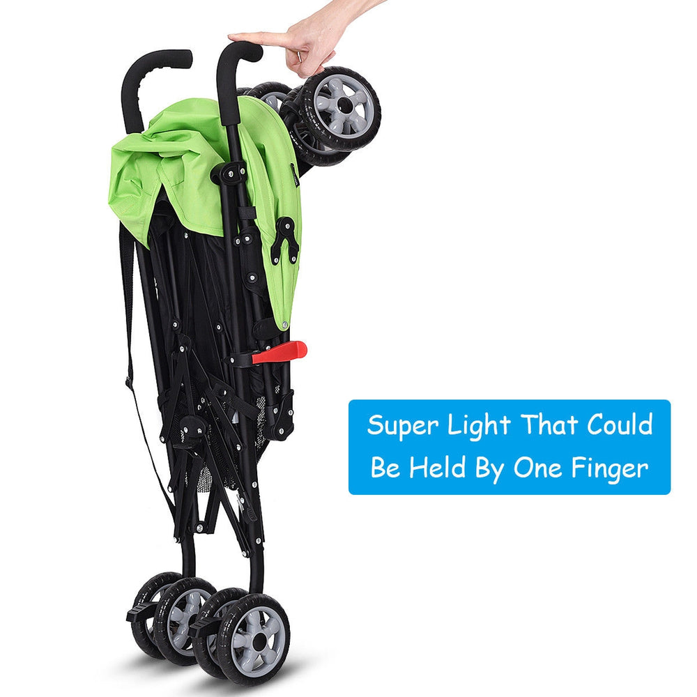 Folding lightweight baby stroller in green, easily held with one finger, featuring a UV-proof canopy and storage basket.