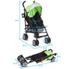 Lightweight green folding umbrella stroller with adjustable UV canopy and storage basket, ideal for travel with.