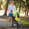 Lightweight green umbrella stroller with adjustable UV canopy and storage basket, perfect for outdoor trips with.
