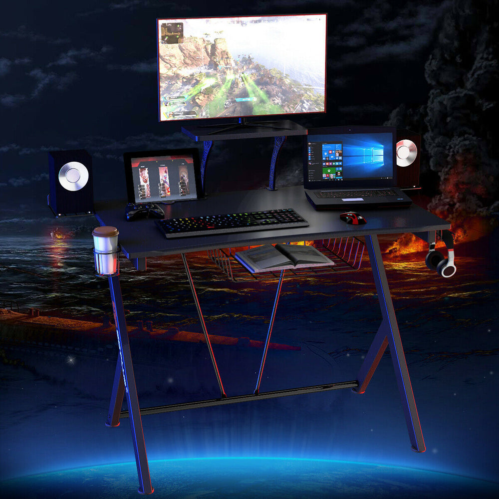Multifunctional K-shaped gaming desk with monitor shelf, cup holder, and headphone hook for optimal gaming setup.