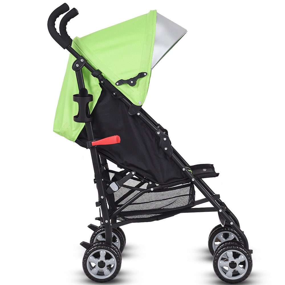Lightweight green umbrella stroller with adjustable UV canopy, foldable design, and storage basket for easy travel.