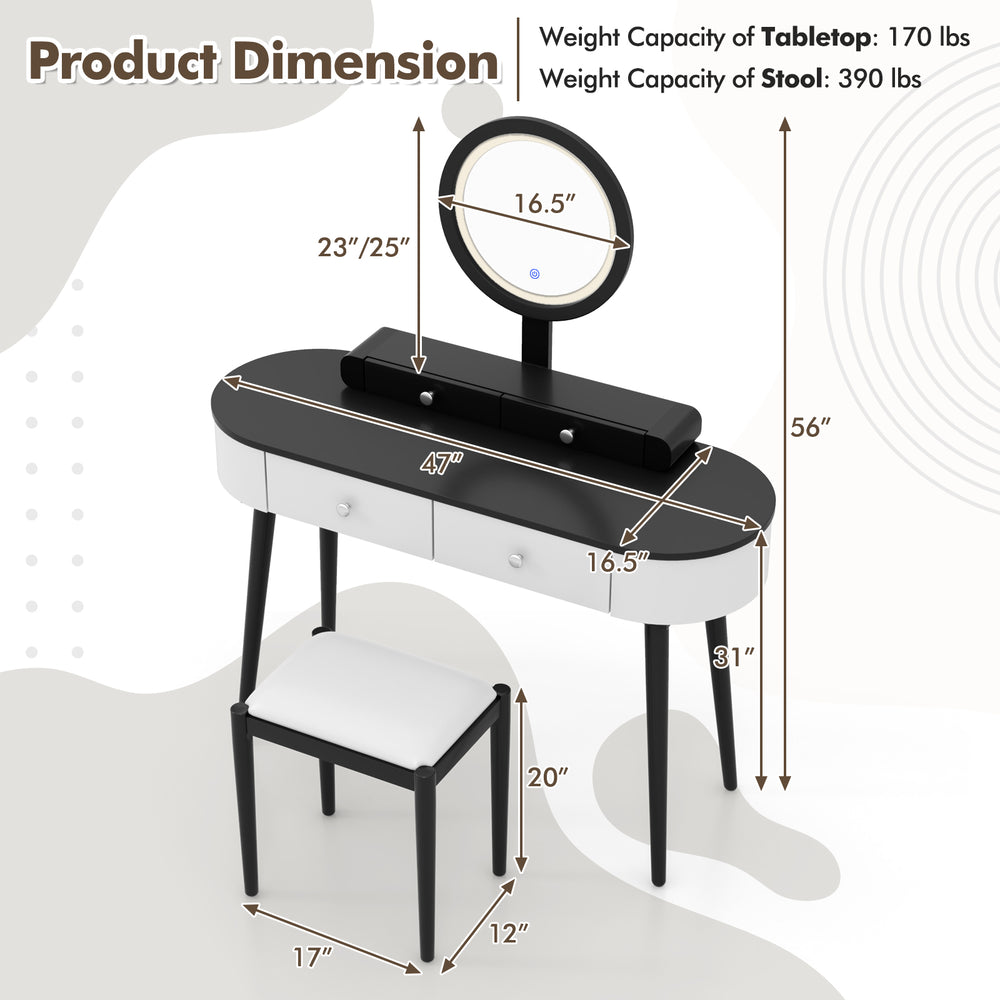 Makeup vanity table set with LED mirror, 3 spacious drawers, and cushioned stool for comfort and style.