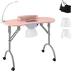 Manicure nail table in pink with built-in dust collector, LED lamp, and foldable design for easy portability.