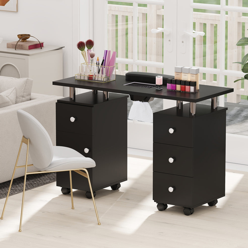 Manicure table in black with electric dust collector, 4 drawers, and rolling wheels for a tidy workspace.
