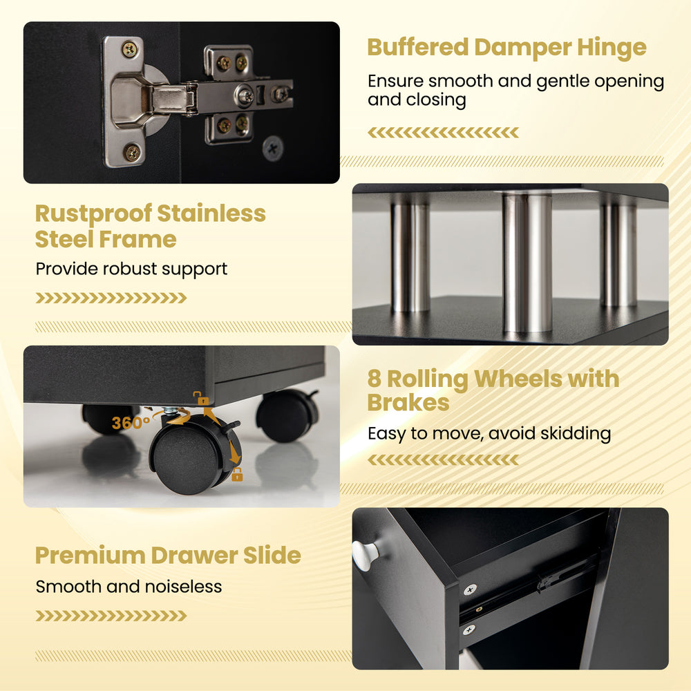 Manicure table with electric dust collector, rustproof stainless steel frame, and 8 rolling wheels for easy mobility.