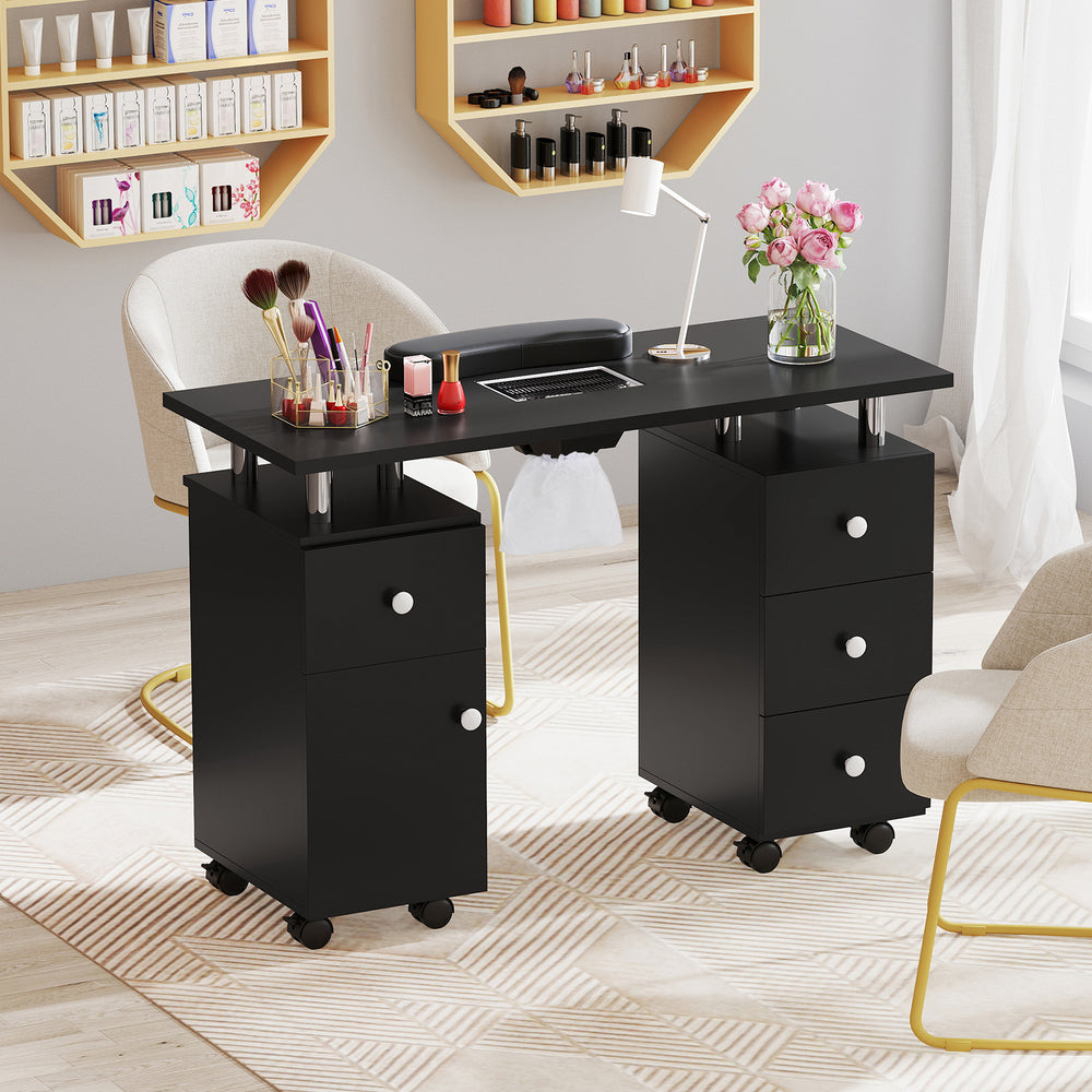 Manicure table featuring a large cabinet and four drawers, designed for efficient organization and easy access during.