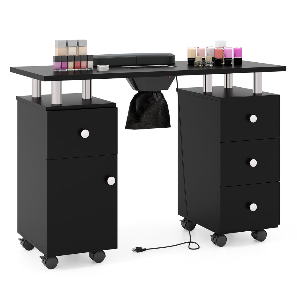 Manicure table in black with electric dust collector, 3 drawers, and rolling wheels for a tidy workspace.