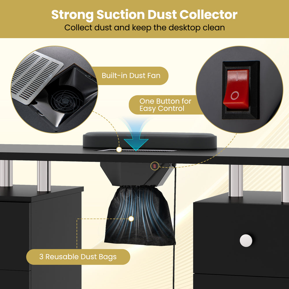 Manicure table with electric dust collector, 3 reusable dust bags, and a sleek black design for a tidy workspace.