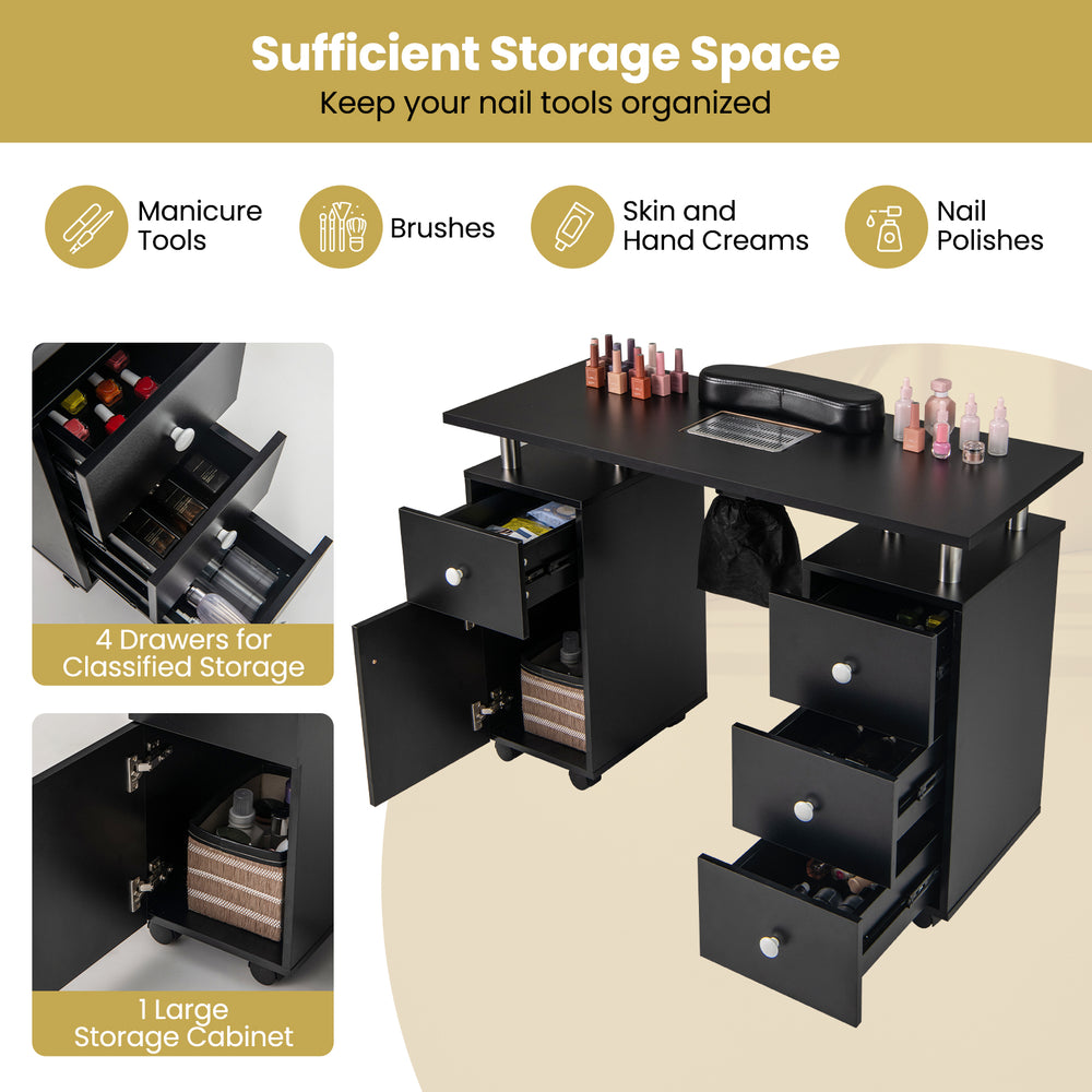 Manicure table with electric dust collector, 4 drawers, and large cabinet for organized nail tool storage in black.