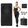 Infrared sauna blanket with arm sleeves, black, featuring 19 temperature settings and a carry bag for home use.