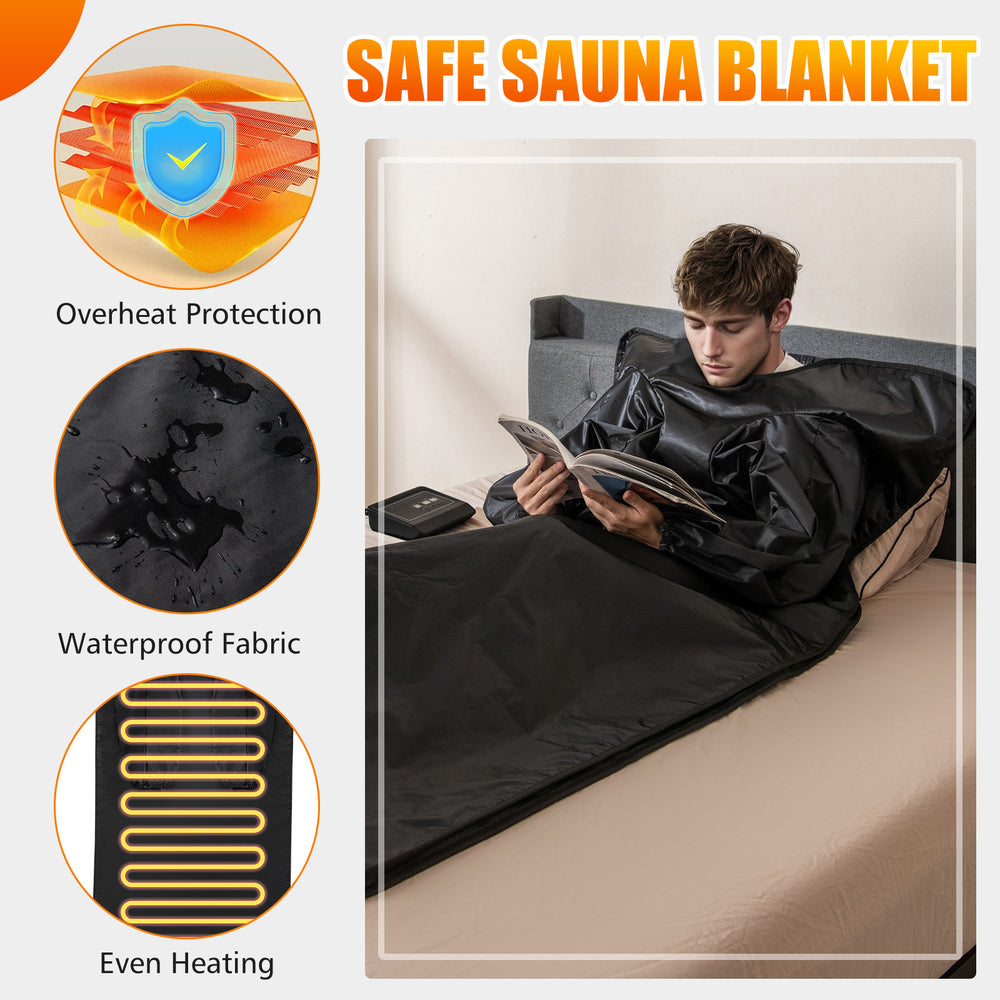 Infrared sauna blanket in black with arm sleeves, featuring waterproof fabric and even heating for home use.