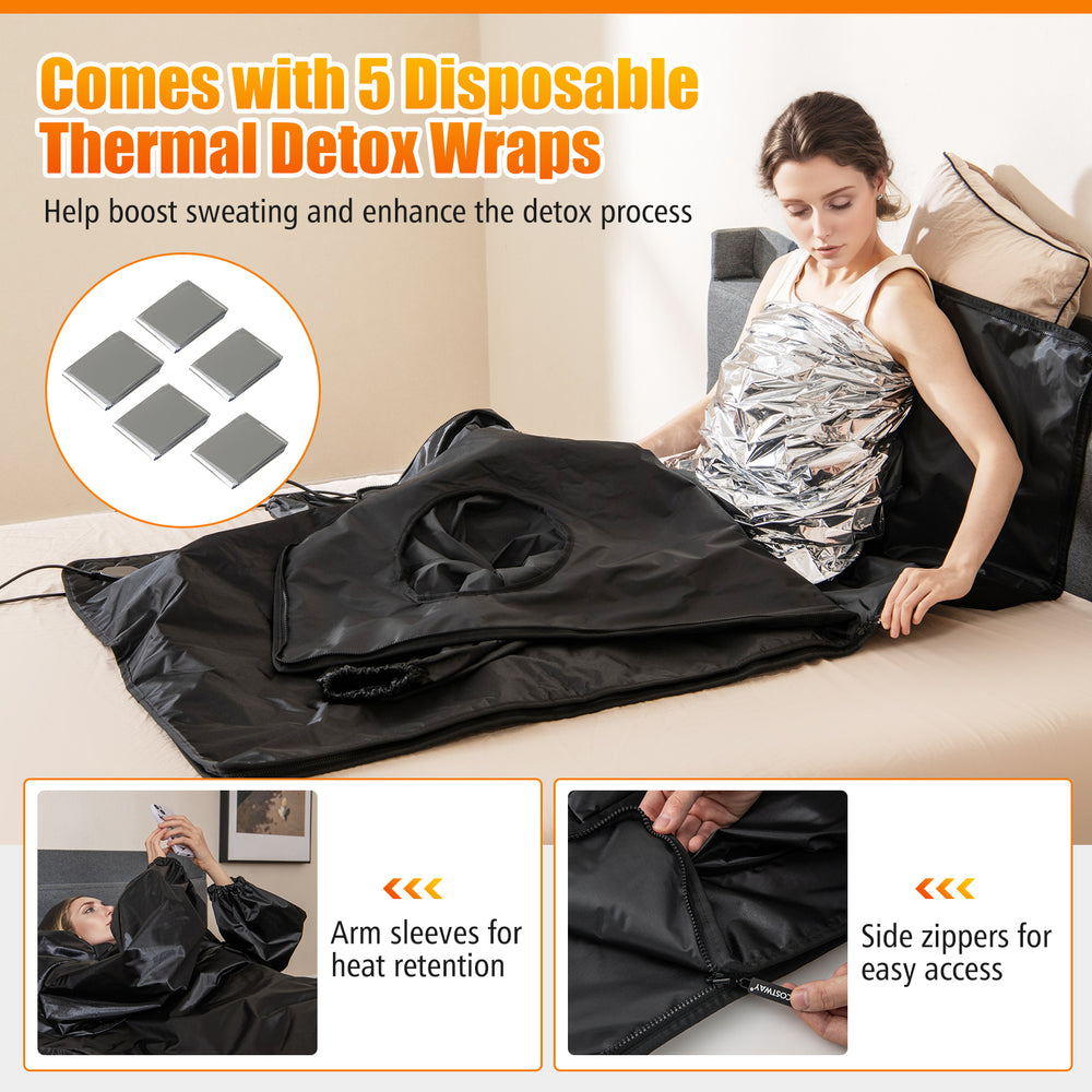 Infrared sauna blanket in black with arm sleeves, featuring side zippers and 5 disposable detox wraps for home use.
