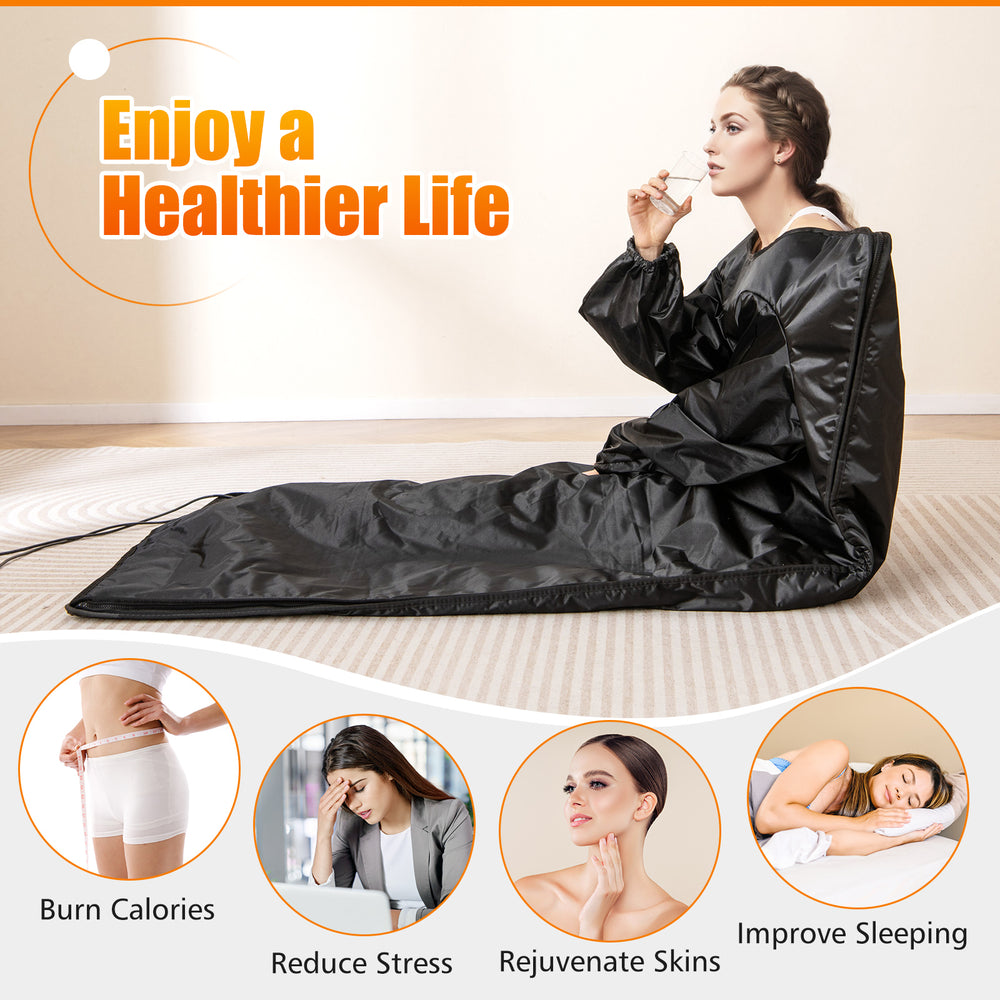 Infrared sauna blanket in black with arm sleeves, designed for home use to enhance relaxation and detoxification.