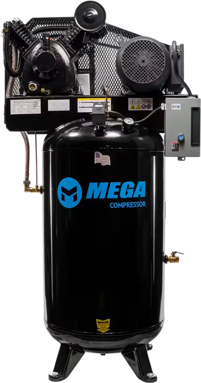 Mega Compressor Industrial Air Compressor 80 Gal. 180 PSI 2 Stage with Mag Starter 3 Phase 460V New