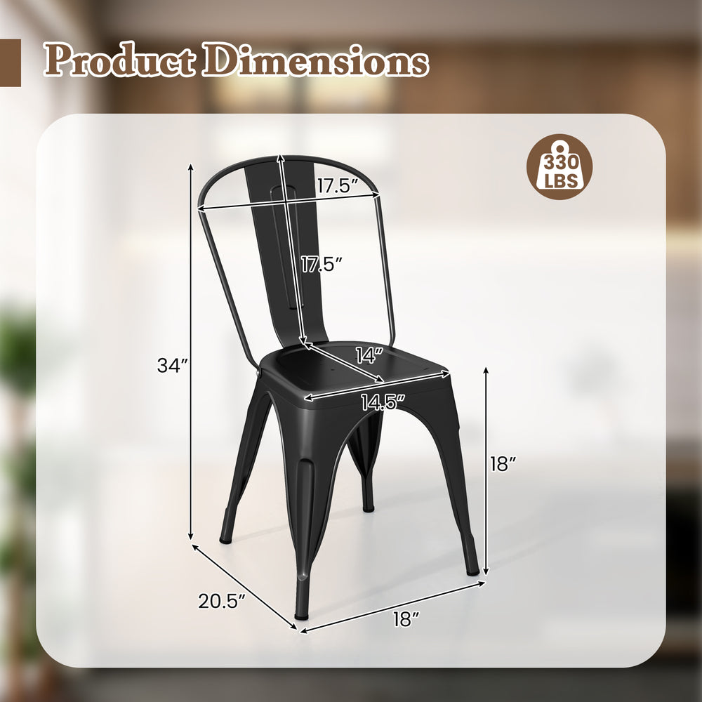 Metal dining chair dimensions with removable backrest, black powder-coated frame, stackable design for easy storage.