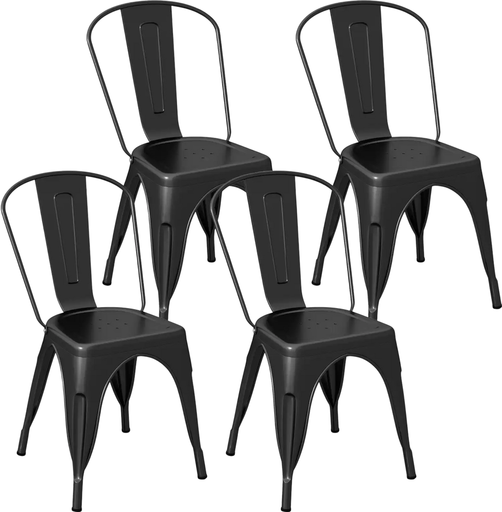 Set of 4 black metal dining chairs with removable backrests, featuring a sturdy frame and stackable design for easy.