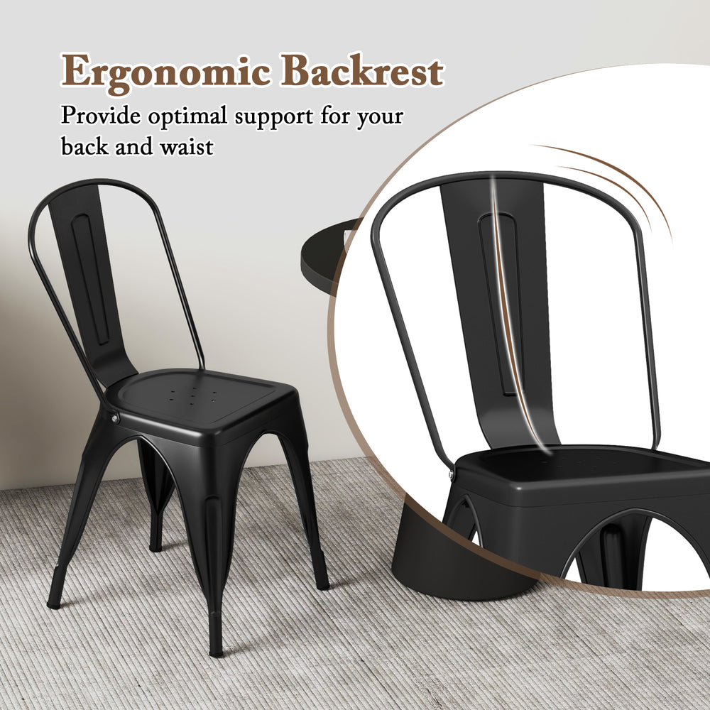 Black metal dining chair with ergonomic backrest, featuring a sturdy frame and stackable design for easy storage.