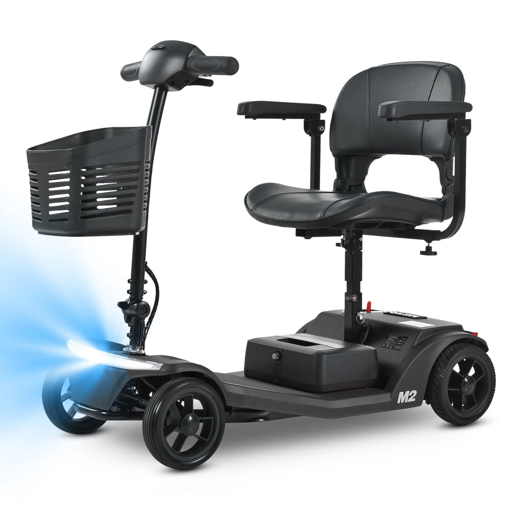 Black mobility scooter with a seat and basket
