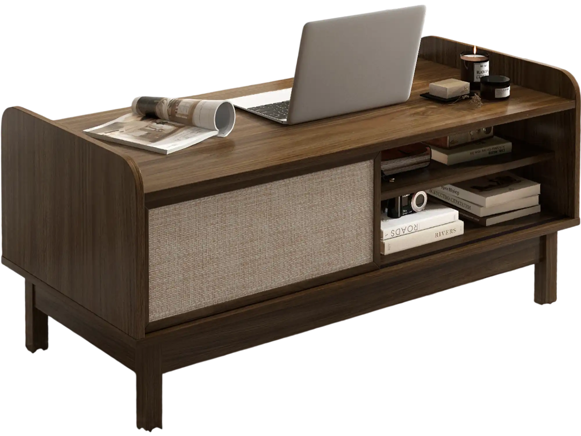 Costway Mid-Century TV Stand Storage Weaving Sliding Door Adjustable Shelf Walnut 28357649 New