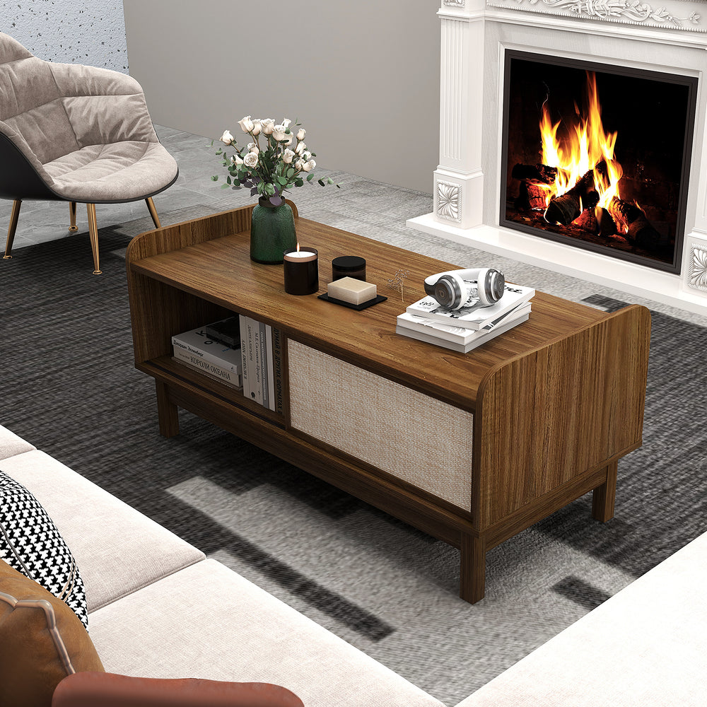 Mid-century walnut center table with weaving sliding door, adjustable shelf, and elegant design for stylish home.