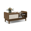Mid-century center table in walnut with weaving sliding door, adjustable shelf, and floral decor for stylish storage.