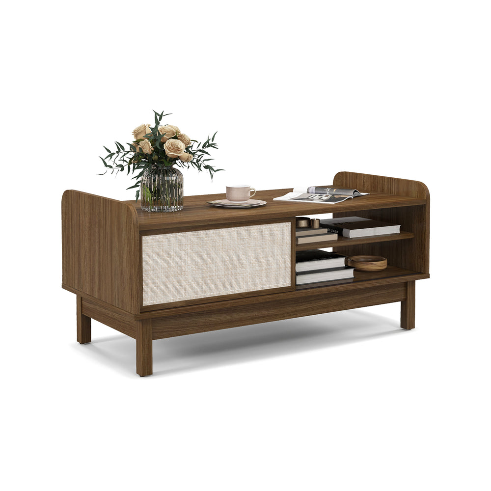 Mid-century center table in walnut with weaving sliding door, adjustable shelf, and floral decor for stylish storage.
