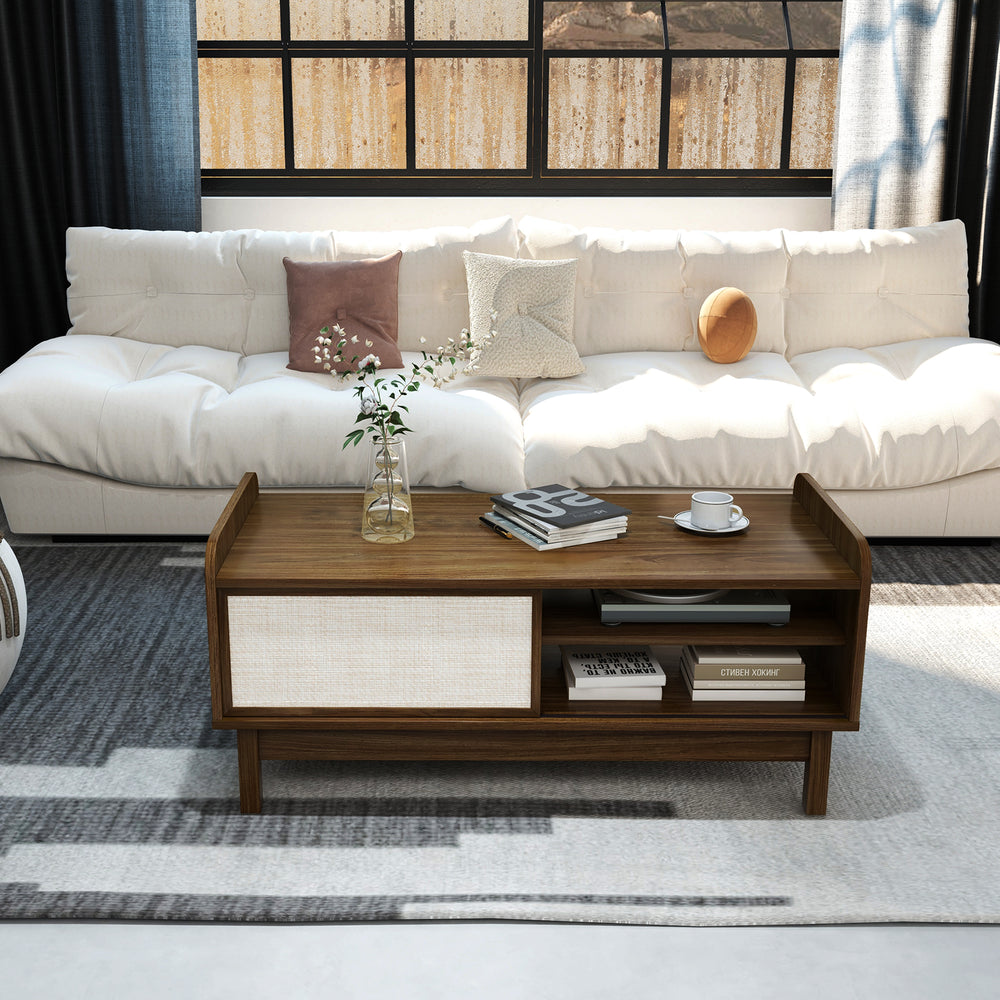 Mid-century center table in walnut with storage, weaving sliding door, and adjustable shelf for stylish living room use.