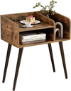 Mid Century Modern nightstand with open shelves, brown finish, featuring metal legs and ample storage for decor and.