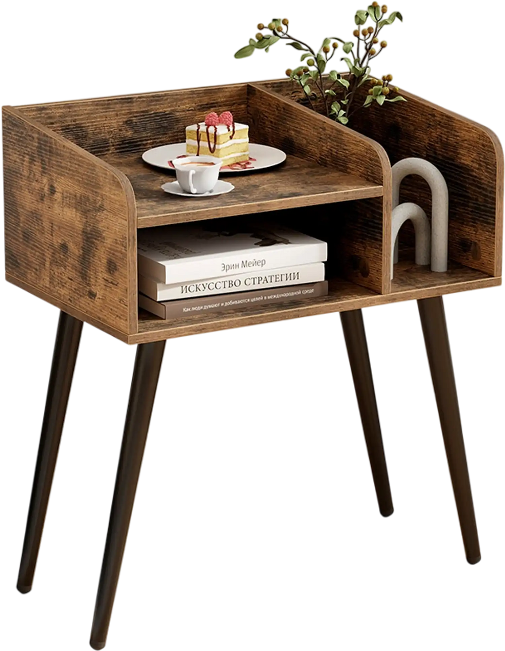 Mid Century Modern nightstand with open shelves, brown finish, featuring metal legs and ample storage for decor and.