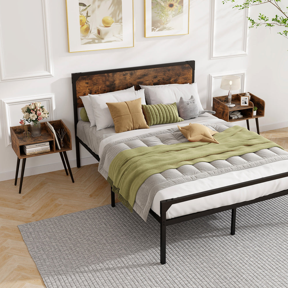 Mid Century Modern nightstand in brown with open shelves, featuring heavy-duty metal legs and a raised design for easy.