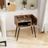 Mid Century Modern nightstand in brown with open shelves, featuring divided storage and heavy-duty metal legs for.