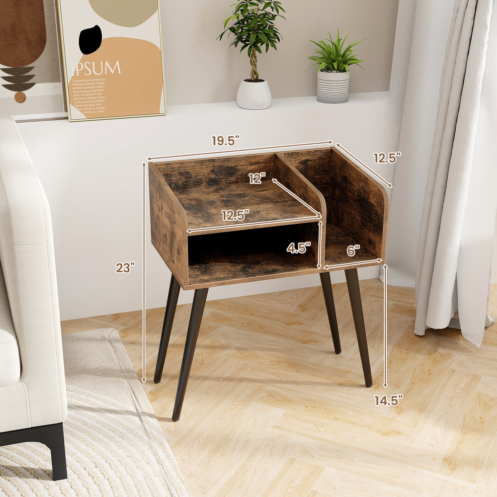 Mid Century Modern nightstand in brown with open shelves, featuring divided storage and heavy-duty metal legs for.