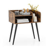 Mid Century Modern nightstand with open shelves, brown finish, and heavy-duty metal legs for stylish bedroom storage.
