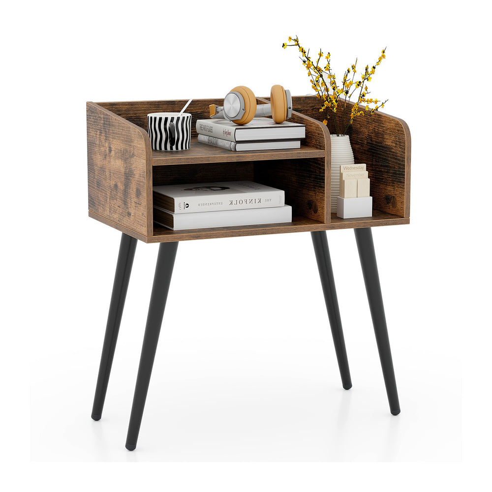 Mid Century Modern nightstand with open shelves, brown finish, and heavy-duty metal legs for stylish bedroom storage.