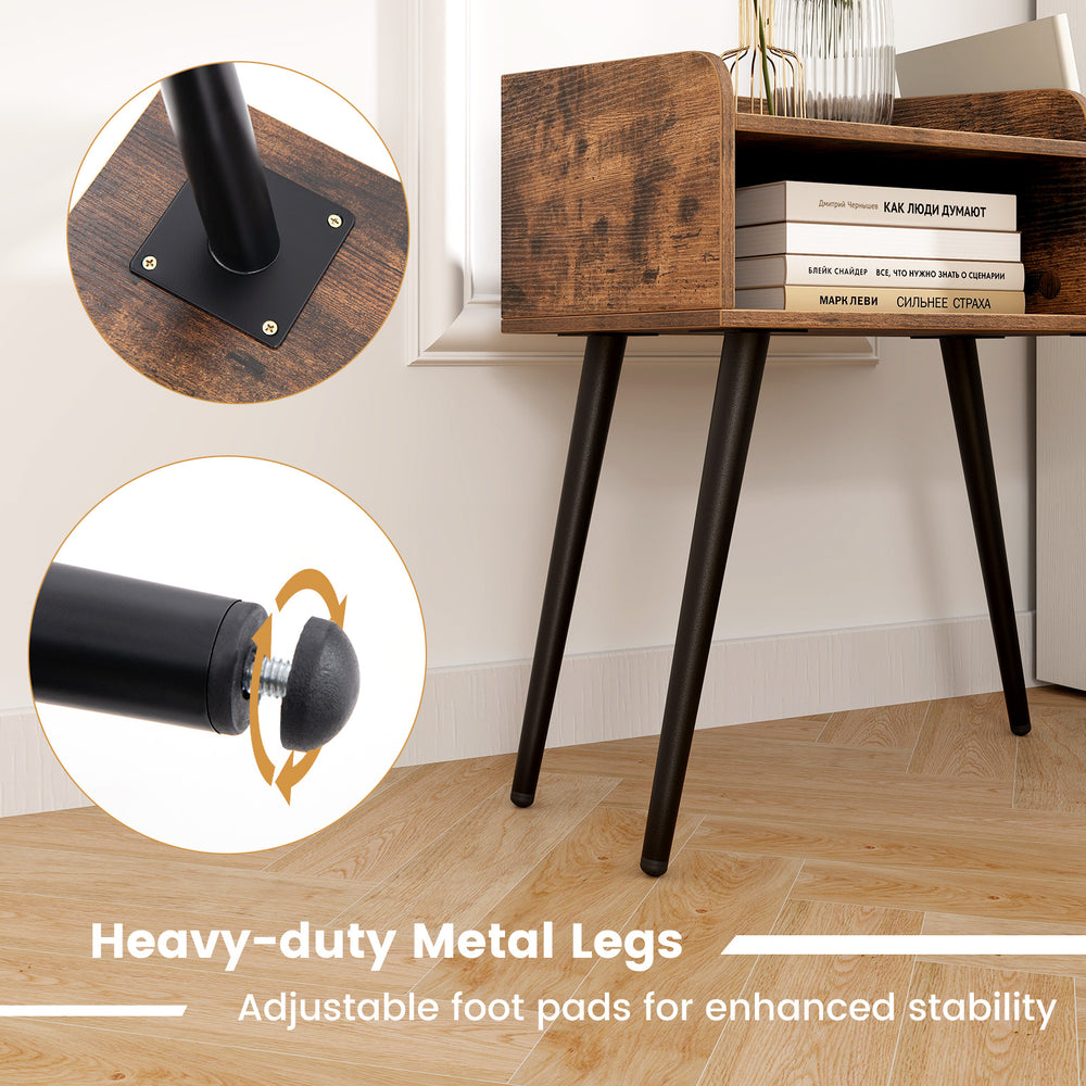 Close-up of heavy-duty metal legs with adjustable foot pads on the Mid Century Modern Nightstand for enhanced stability.