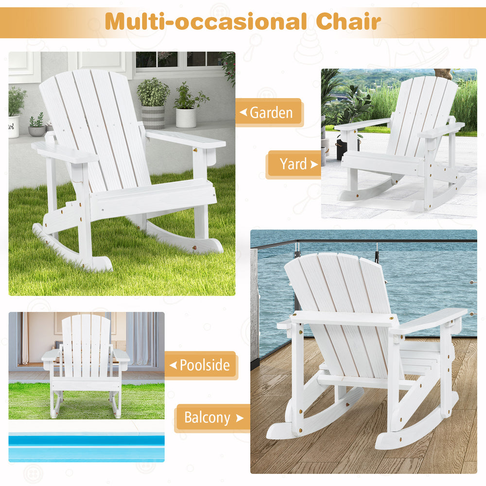 White outdoor wooden kid Adirondack rocking chair with slatted seat, perfect for garden, poolside, or balcony.