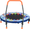 Mini trampoline for kids with LED lights, padded safety cover, and foam handrail for safe indoor play.