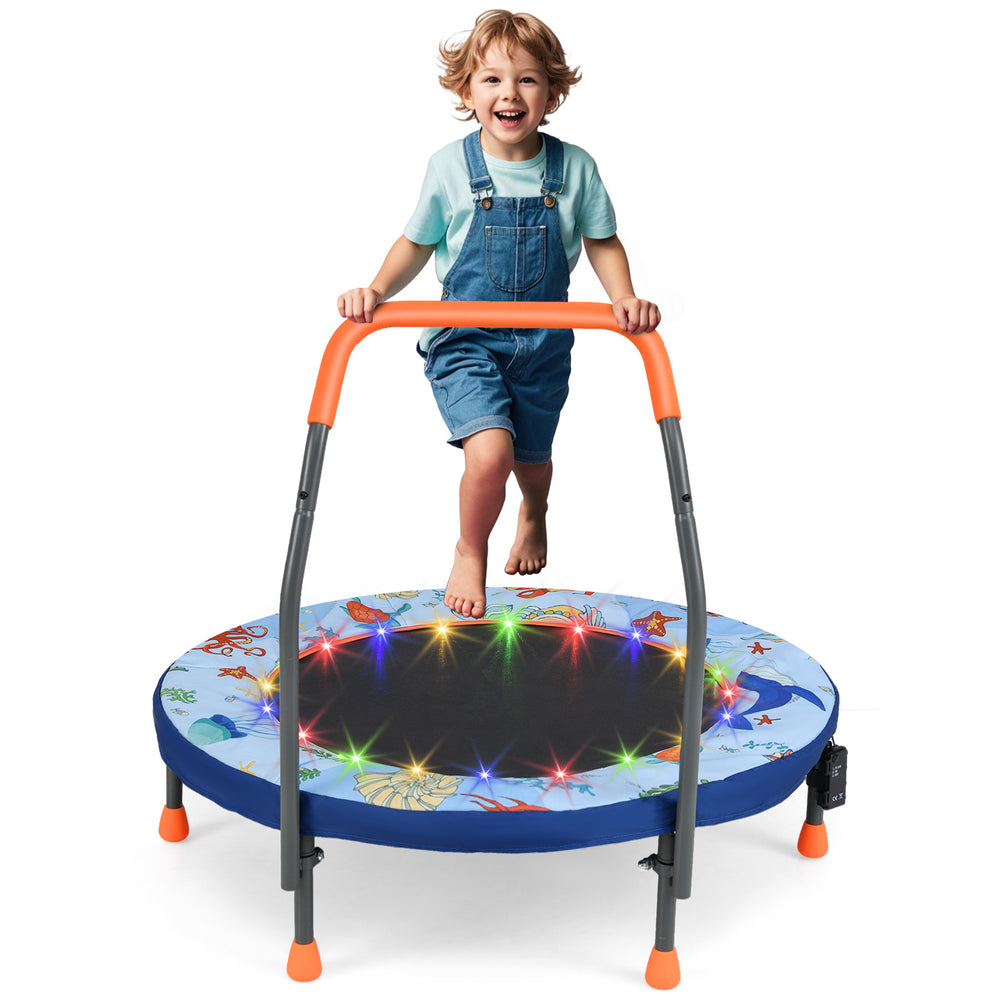Mini trampoline for kids featuring a foam handrail, vibrant LED lights, and a colorful jumping mat for safe indoor fun.