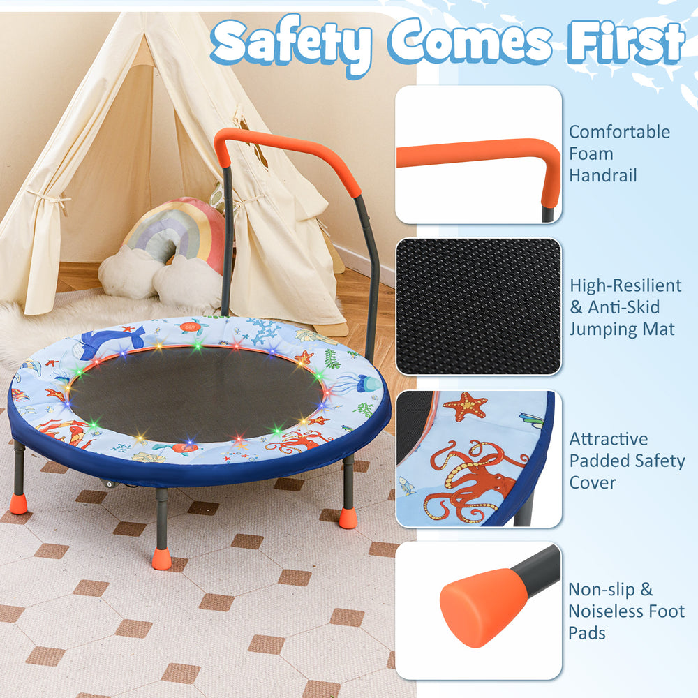 Mini trampoline for kids with LED lights, padded safety cover, and foam handrail, perfect for compact spaces.