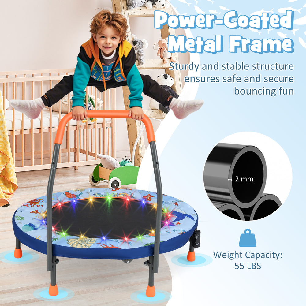 Mini trampoline for kids with LED lights, sturdy metal frame, and padded safety cover for safe bouncing fun.